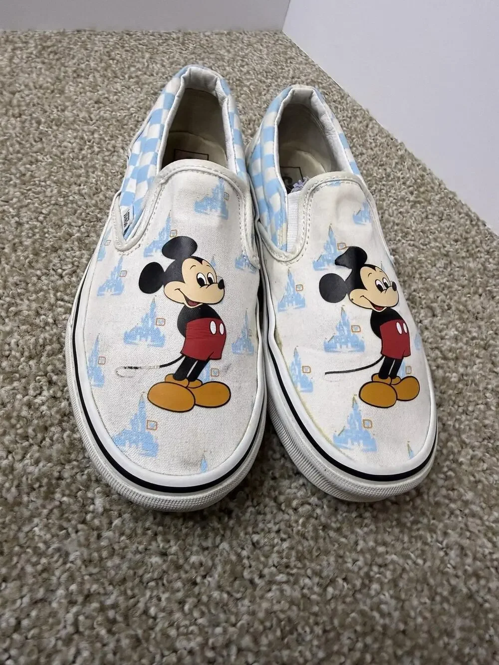 Vans Slip On Shoes Mens Size 7 White Blue Disney Mickey Castle Check Canvas